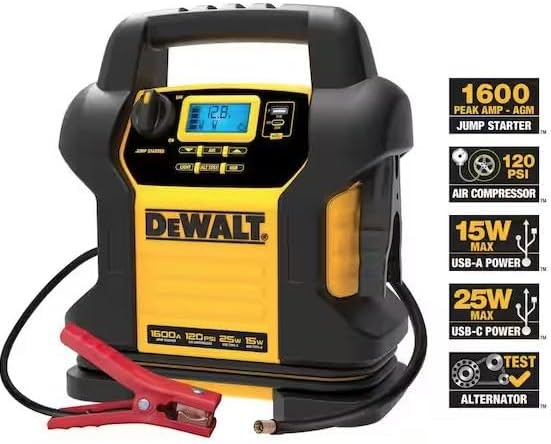 DEWALT DXAEJ14 Digital Portable Power Station Jump Starter - 1600 Peak Amps with 120 PSI Compressor, AC Charging Cube, 15W USB-A and 25W USB-C Power for Electronic Devices - E.S.N Tools