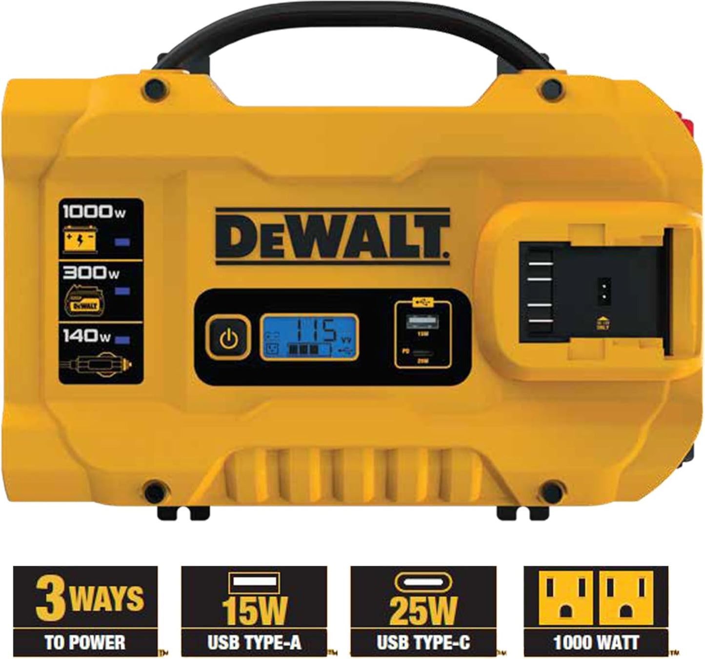DEWALT DXAEPIP3W 20V, 3-Way Powered (Cables, Battery, DC Plug) 1000 Watt Power Inverter; Dual AC Outlets, 1 USB-A Port, & 1 USB-C 30W Port - E.S.N Tools