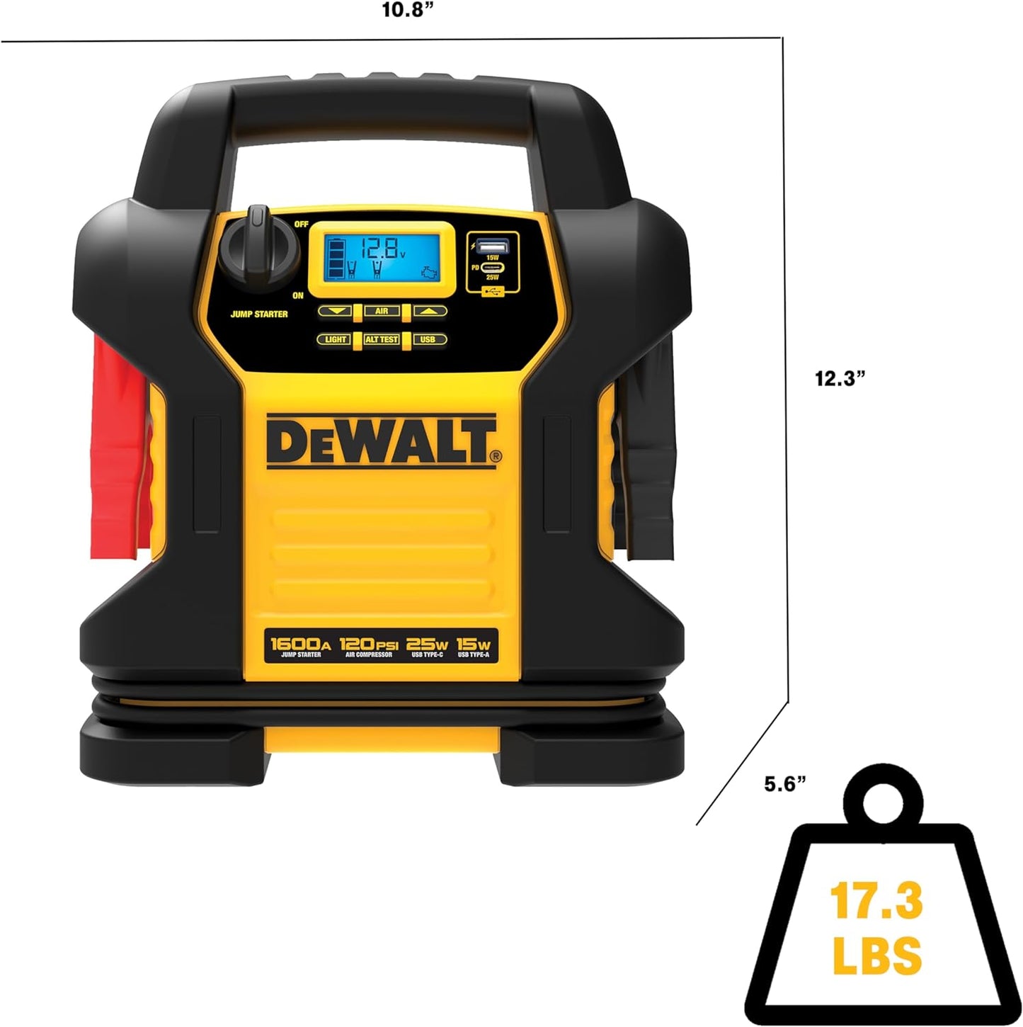 DEWALT DXAEJ14 Digital Portable Power Station Jump Starter - 1600 Peak Amps with 120 PSI Compressor, AC Charging Cube, 15W USB-A and 25W USB-C Power for Electronic Devices - E.S.N Tools