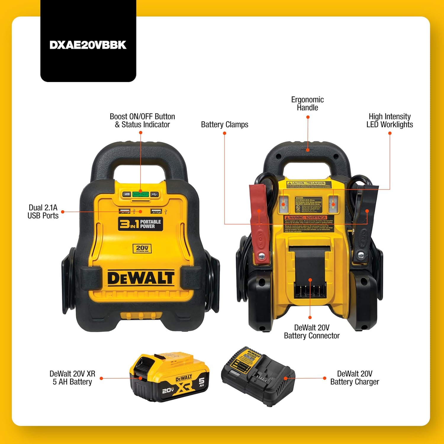 DeWalt DXAE20VBBK Battery Booster with 20V XR 5 AH Lithium-Ion Battery and DCB115 Battery Charger - E.S.N Tools