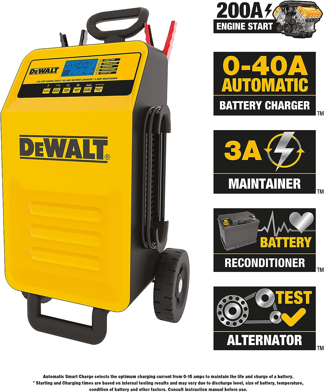 DEWALT DXAEC200 DXAE200 Professional 40-Amp Rolling Battery Charger and 3-Amp Maintainer with 200-Amp Engine Start, Yellow - E.S.N Tools