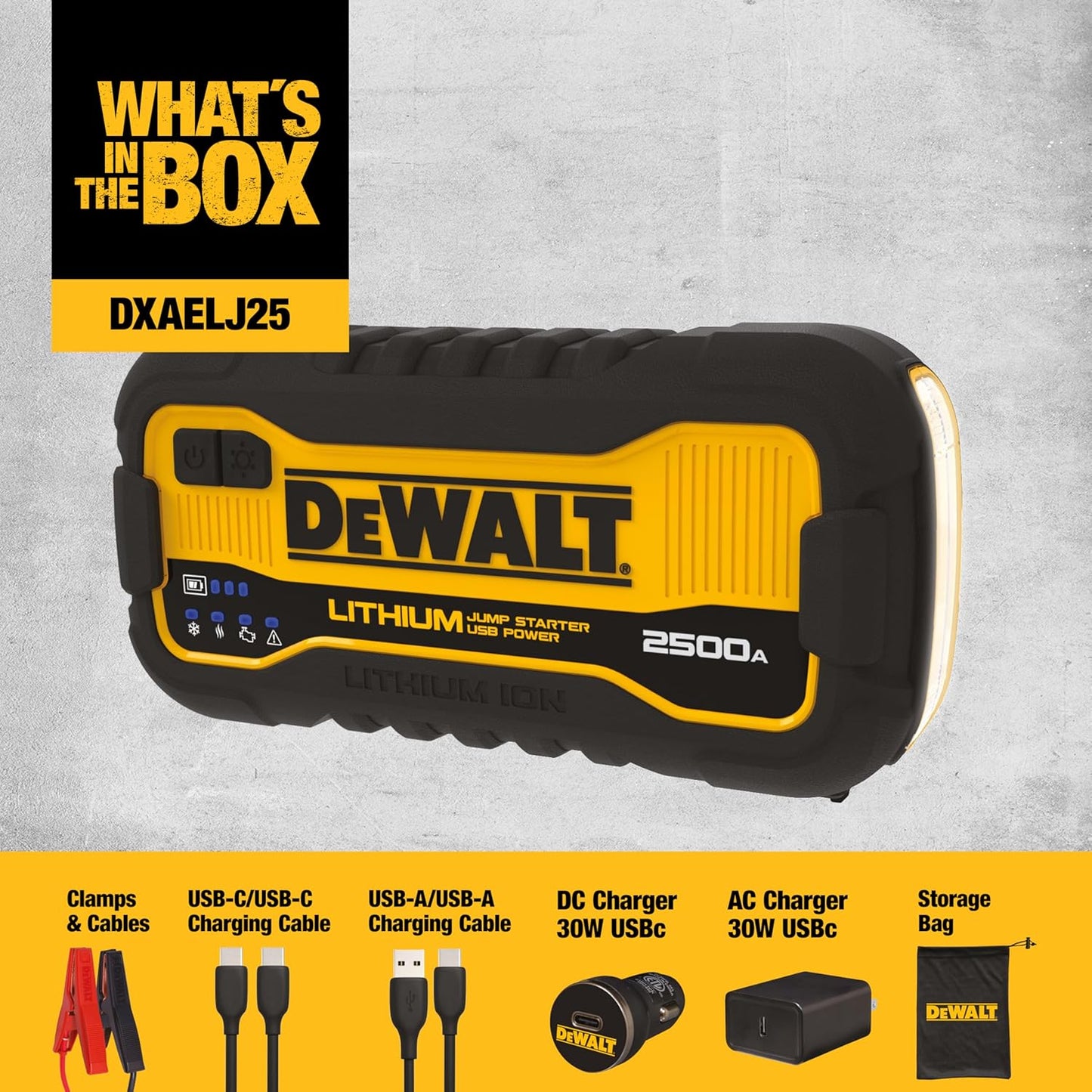 DEWALT DXAELJ25 2500 Peak Amp Portable Lithium Jump Starter with 25W Type C, 15W Type A, 60W Type C in/Out