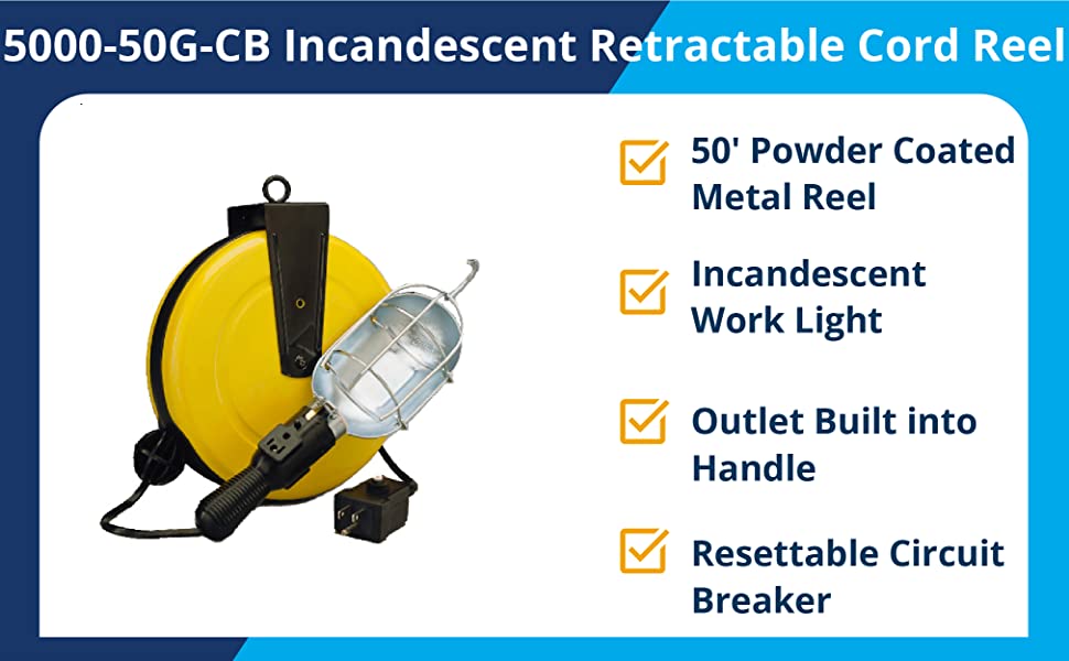 Alert Stamping 5000-50G-CB Incandescent Metal Retractable Cord Reel Work Light with Circuit Breaker - E.S.N Tools