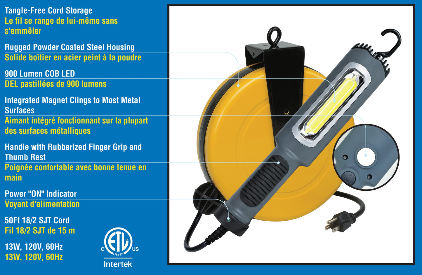 Professional Auto Repair Drop Lighting 8 Watt Bright 900 Lumen COB LED Cord Reel | Automatic Retractable Extension Cord Reels - ESN Tools
