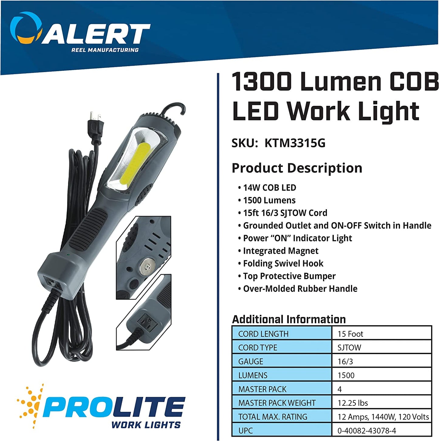 Alert 1500 Lumen COB LED Work Light KTM3315G, 1, Gray - E.S.N Tools