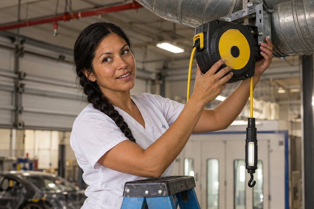 How Overhead Obstructions Affect Alert Stamping 8150MM and 8665TFS Cord Reel Installation Costs in a Canadian Collision Bay
