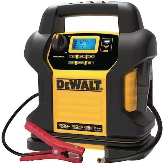 DEWALT DXAEJ14 Digital Portable Power Station Jump Starter - 1600 Peak Amps with 120 PSI Compressor, AC Charging Cube, 15W USB-A and 25W USB-C Power for Electronic Devices - E.S.N Tools