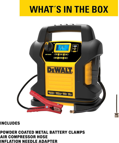 DEWALT DXAEJ14 Digital Portable Power Station Jump Starter - 1600 Peak Amps with 120 PSI Compressor, AC Charging Cube, 15W USB-A and 25W USB-C Power for Electronic Devices - E.S.N Tools