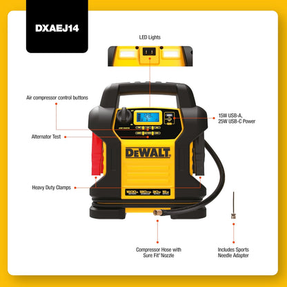 DEWALT DXAEJ14 Digital Portable Power Station Jump Starter - 1600 Peak Amps with Digital Compressor, 15W USB-A and 25W USB-C Power - E.S.N Tools