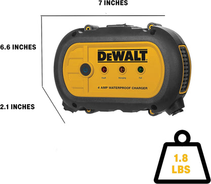 DEWALT DXAEWPC4 12V battery charger connected to car battery with clamps - E.S.N Tools