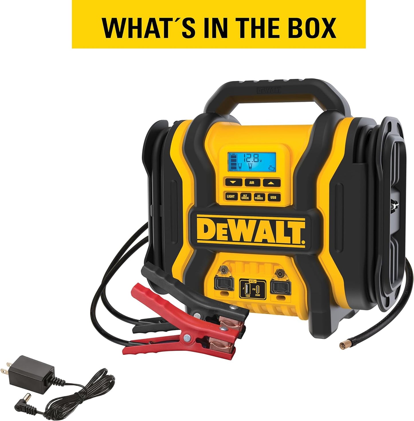DEWALT DXAEPS14-Type2 2000 Peak Battery Amp 12V Automotive Battery Booster Jump Starter/Power Station with 500 Watt AC Power Inverter, 120 PSI Digital Compressor, and 15W USBa Ports, 25W USBc Port