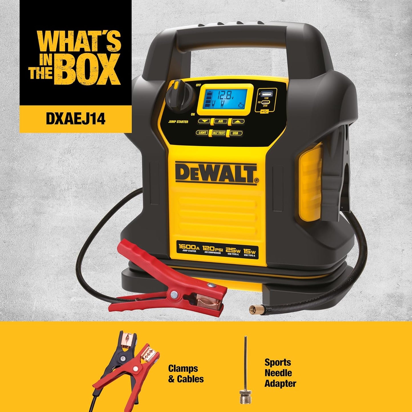 DEWALT DXAEJ14 Digital Portable Power Station Jump Starter - 1600 Peak Amps with Digital Compressor, 15W USB-A and 25W USB-C Power - E.S.N Tools