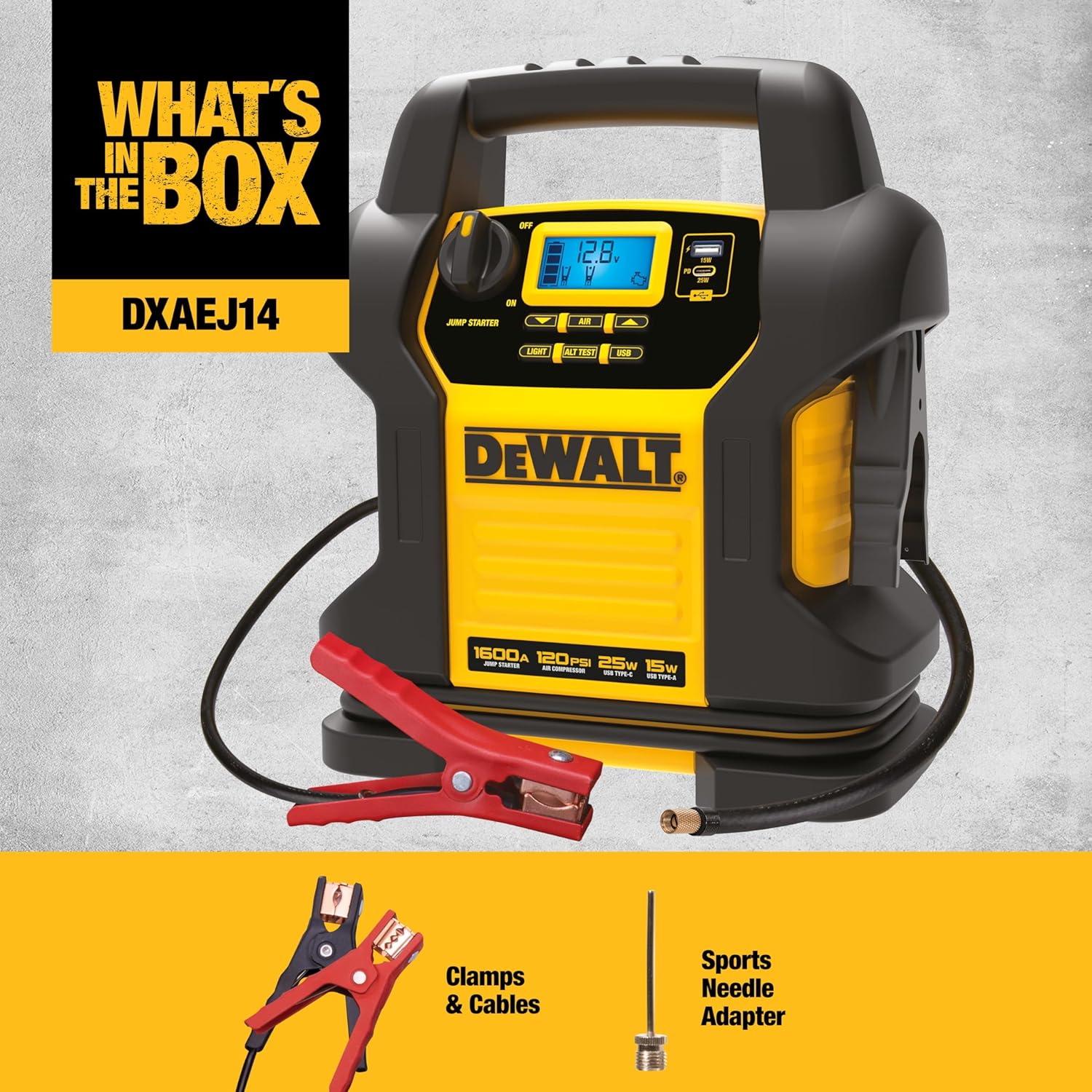 DEWALT DXAEJ14 Digital Portable Power Station Jump Starter - 1600 Peak Amps with Digital Compressor, 15W USB-A and 25W USB-C Power - E.S.N Tools