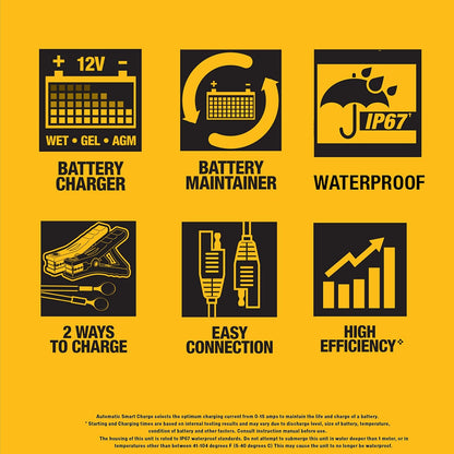 DEWALT DXAEWPC4 trickle charger maintaining 12V car battery in garage - E.S.N Tools