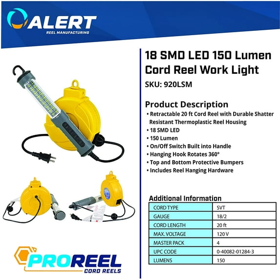 Alert Retractable Cord Reel with LED Work Light, 20' 18/2 SVT, 300 Lumens; ProReel 920LSM - E.S.N Tools