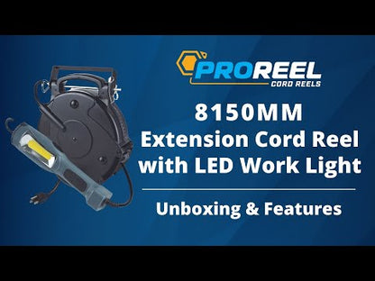 Alert ProReel 8150MM Retractable Cord Reel w/LED Work Light | 50' - 14/3 SJTOW Task Light Cord | 14W LED Shop Light Provides 1500 Lumens | Grounded Outlet with On/Off Handle Switch