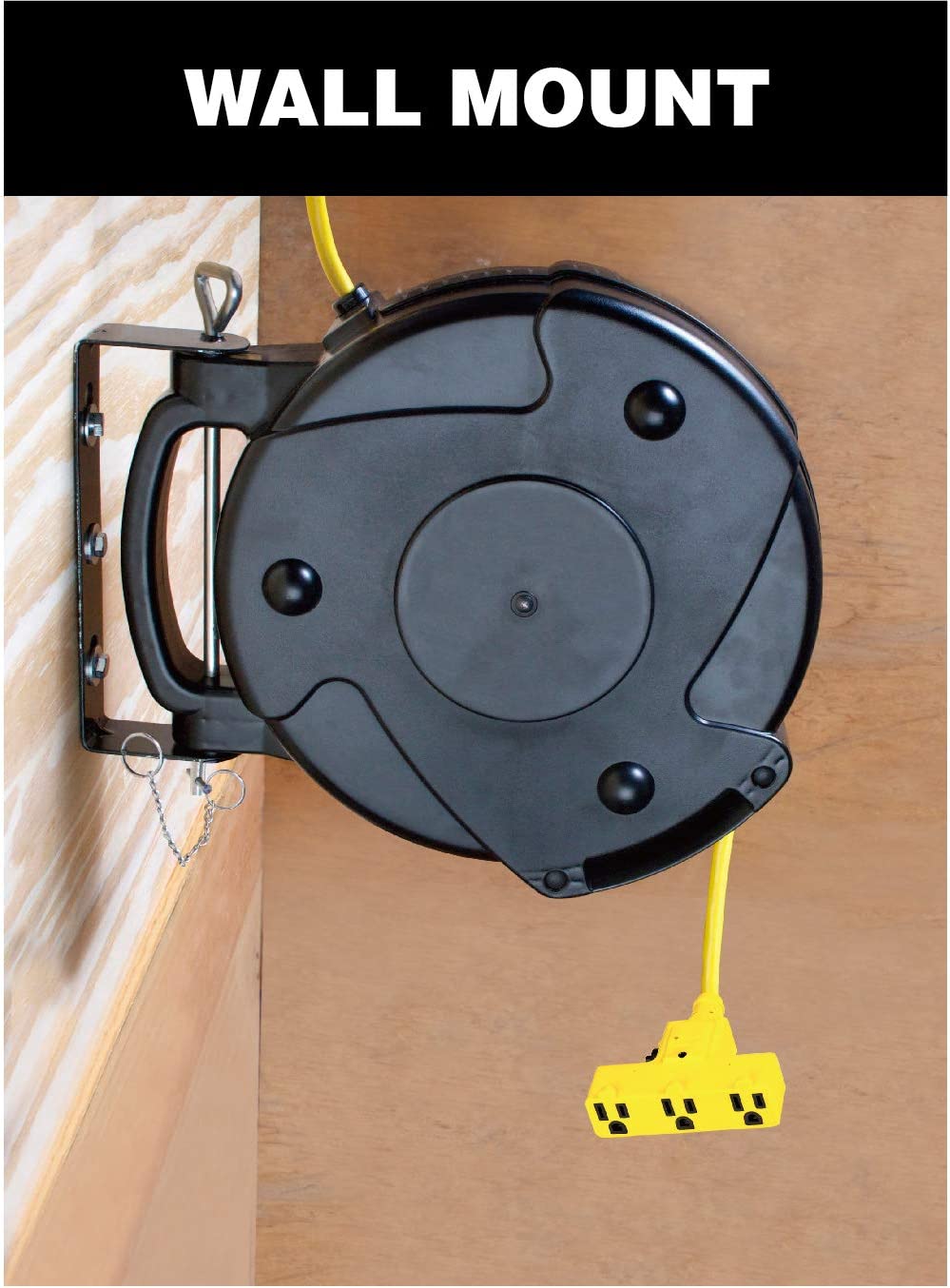 WALL MOUNT CORD REEL WITH EXTENSION CORD.