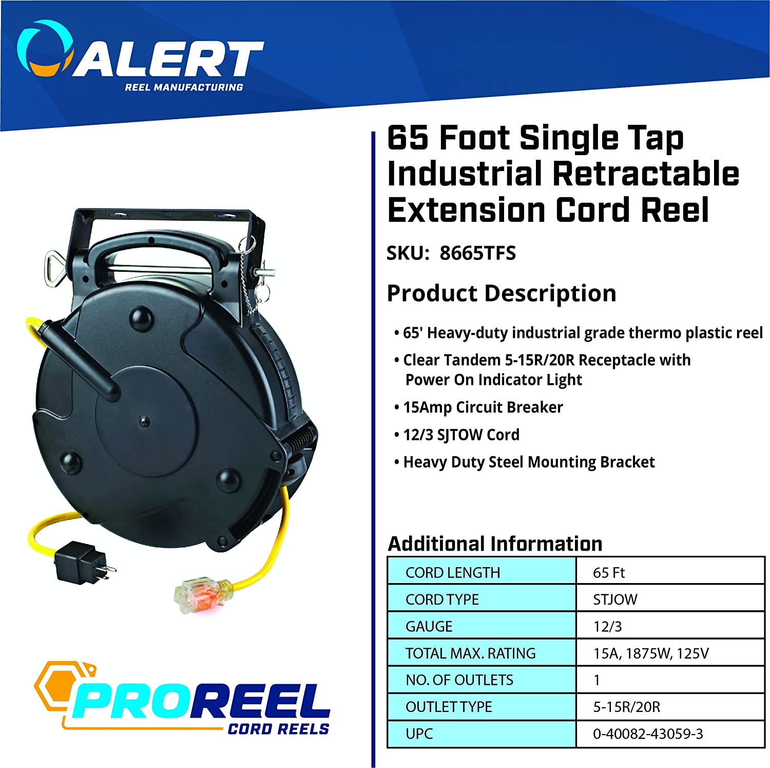 Alert ProReel Professional Grade ProReel 8645TFI Heavy Duty Retractable  Extension Cord Reel, 45 Foot 12/3 SJTOW 20 Amp Single Tap Industrial Cord