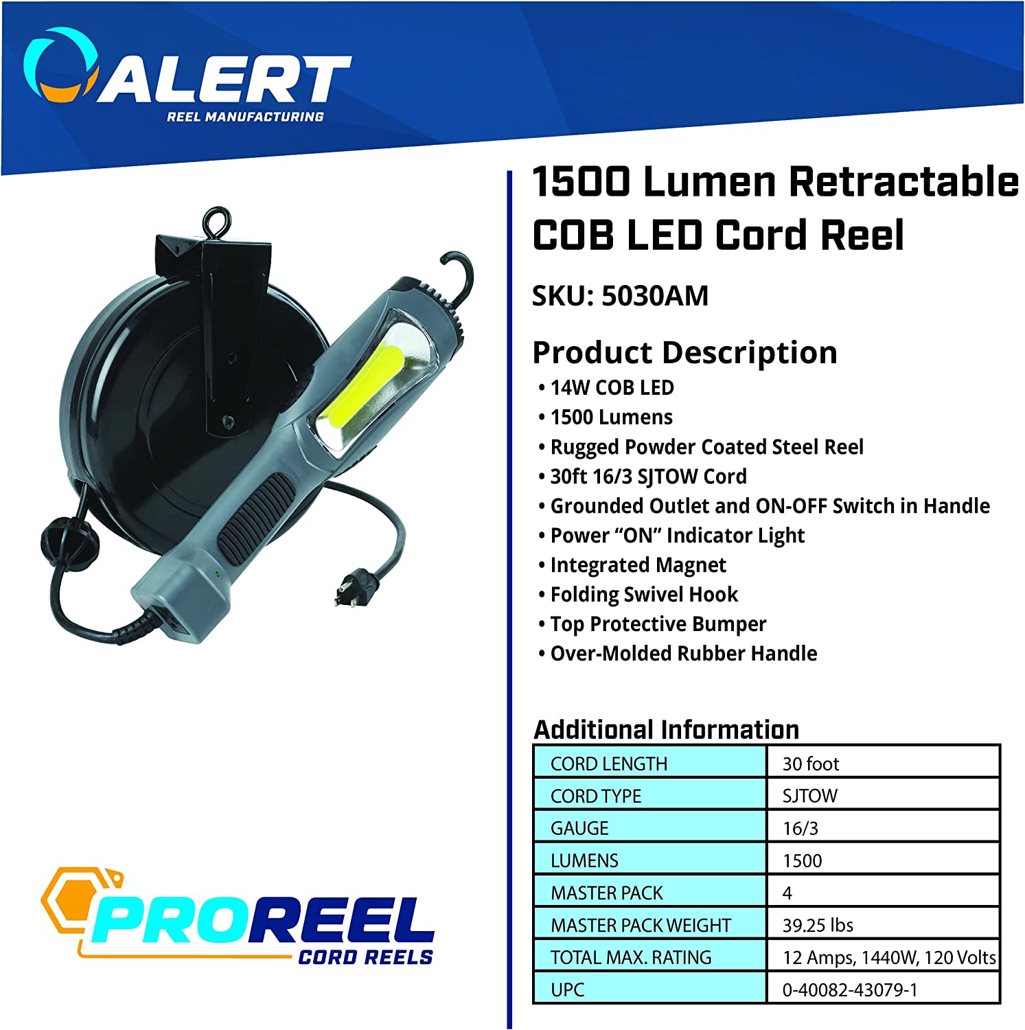 Prolite 5030AM 1300 Lumen Retractable COB LED Cord Reel, 1, Gray - E.S.N Tools