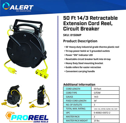 Heavy Duty Industrial Retractable Extension Cord Reel w/Tri-Tap, 50 ft, Black, Yellow - E.S.N Tools