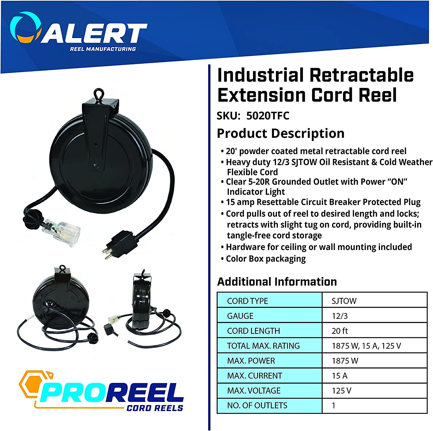 Alert Stamping 5020TFC Industrial Retractable Extension Cord Reel - E.S.N Tools