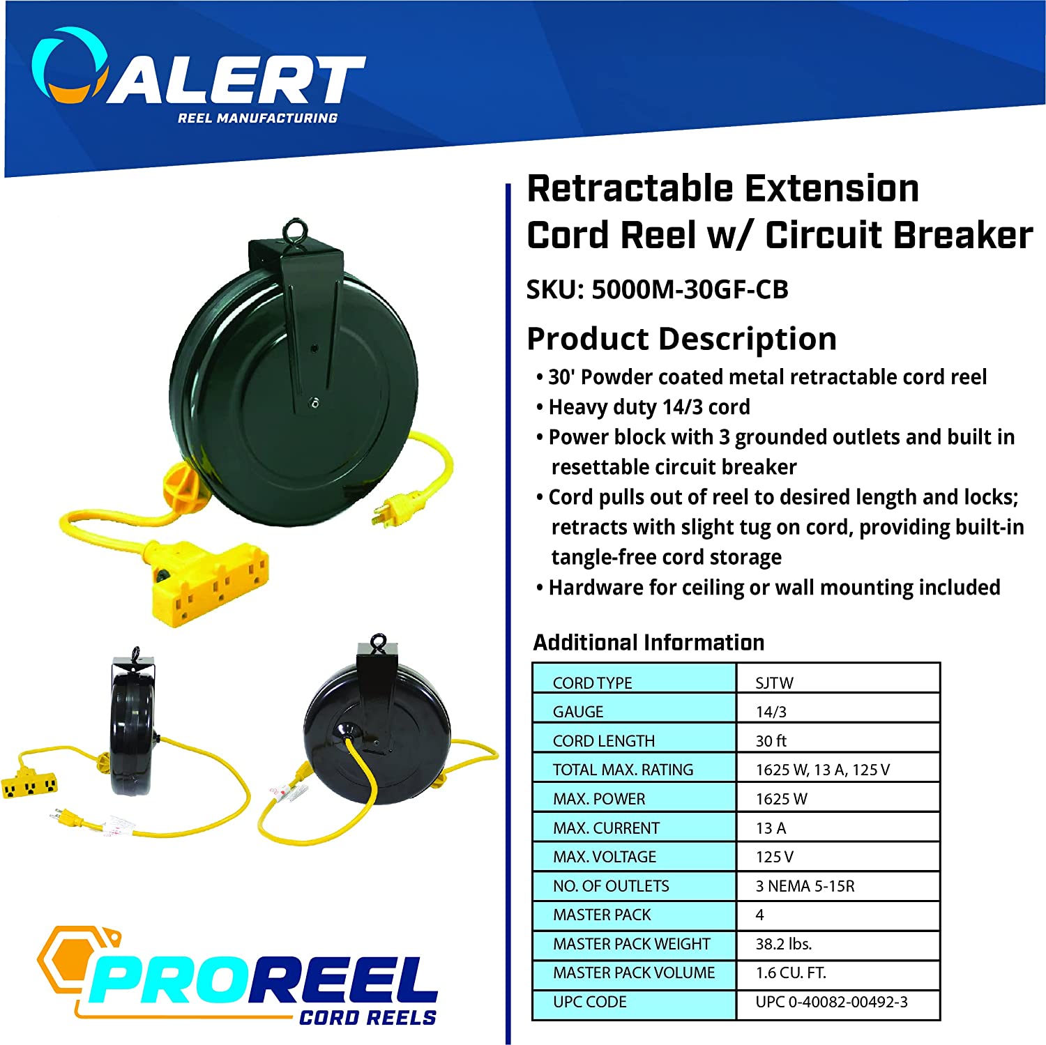 Alert 5000M-30GF-CB Retractable Extension Cord Reel w/Circuit Breaker,  30-Feet