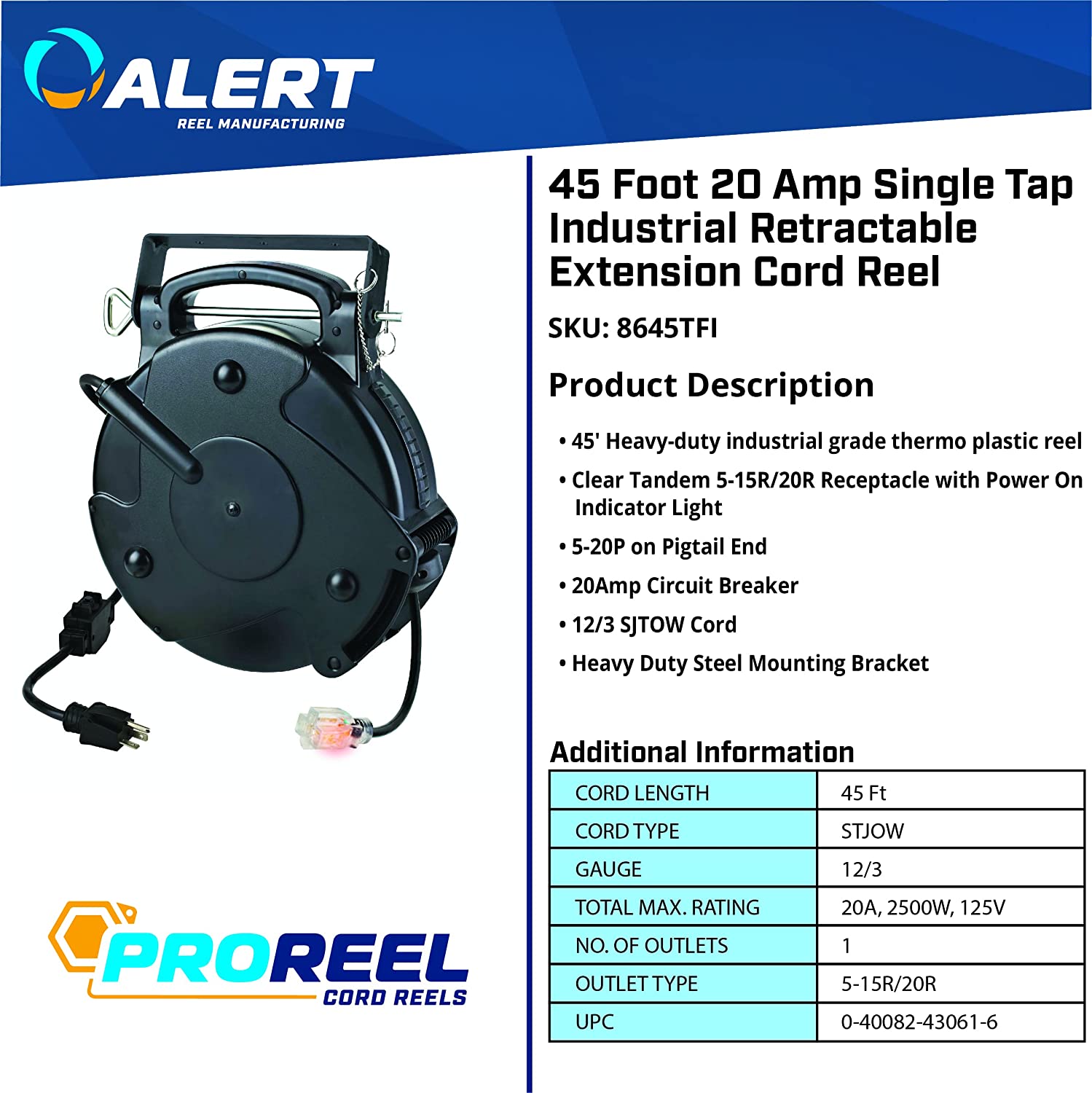 Alert 45Foot 20 Amp Single Tap Retractable Cord Reel 8645tfi