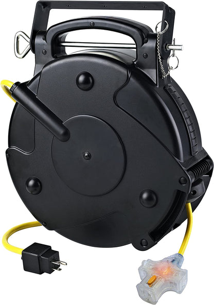 Retractable Extension Cord | Tri Tap Cord Reel with Locking Outlet, Black - E.S.N Tools