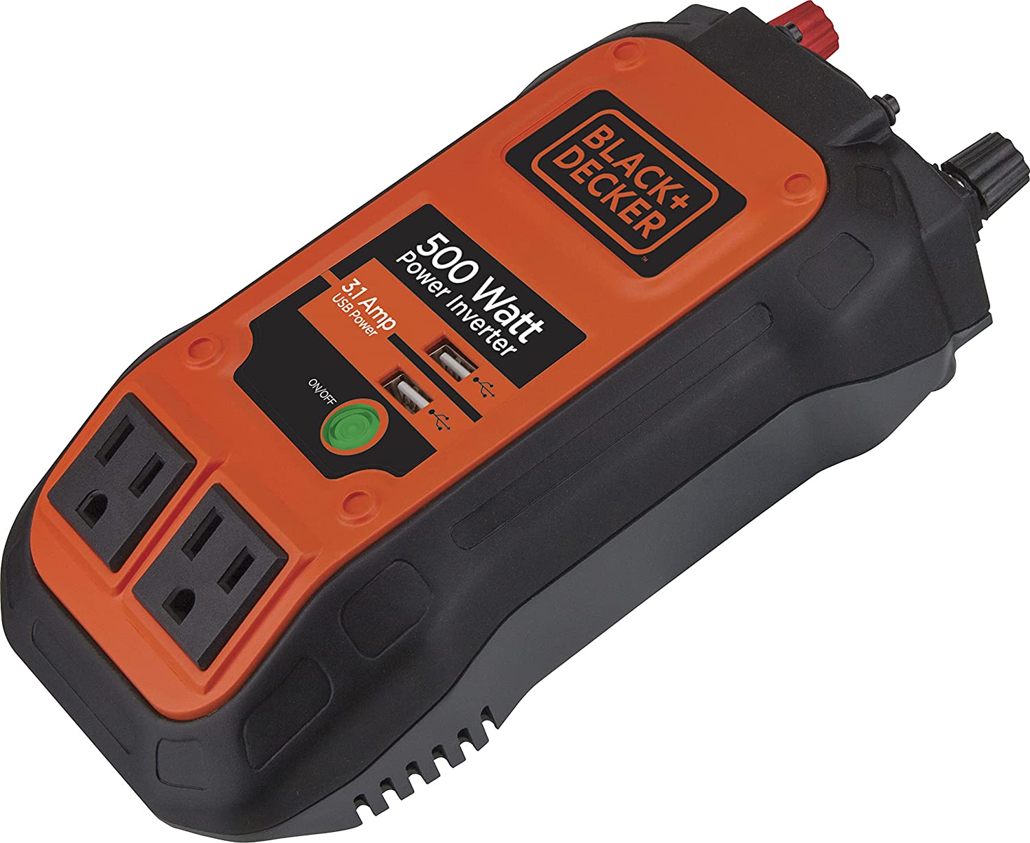 Black+decker PI500B 500W Power Inverter: Dual 120V AC Outlets, 3.1a USB Ports, 12V DC Adapter, Battery Clamps