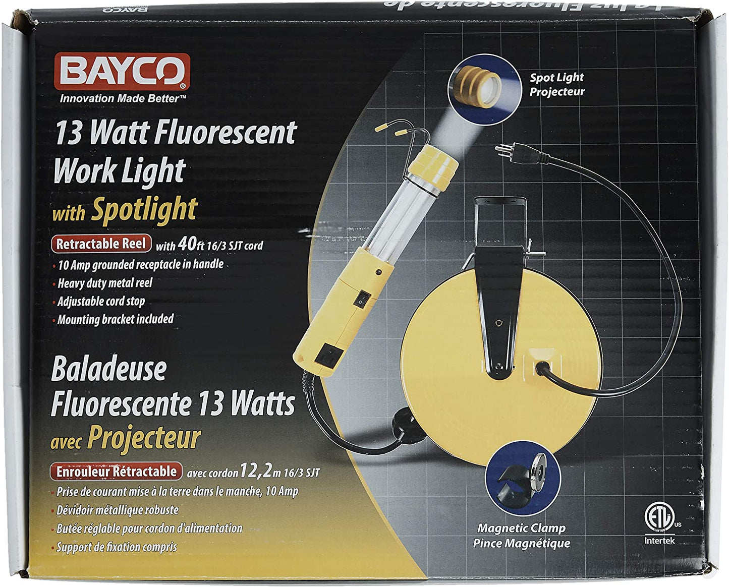 Bayco 13-Watt Fluorescent Work Light with 40-Feet Cord Reel , Yellow - E.S.N Tools
