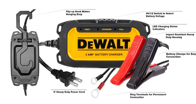 DeWalt DXAEC2 Professional 2 Amp Automotive Battery Charger and Maintainer , Yellow - E.S.N Tools